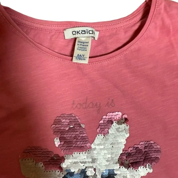 Okaïdi Girls Pink Sequin Flower Graphic Long Sleeve Cotton Top | Size 8Y - Picture 4 of 7